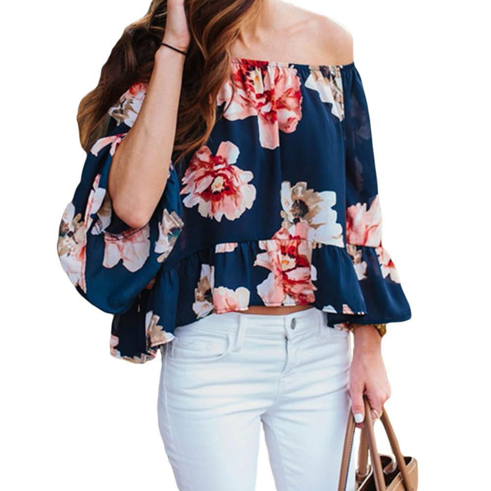 Women Chiffon Floral Print T Shirt Tops Slash Neck Off The Shoulder Casual Beach Plus Size Women Clothes