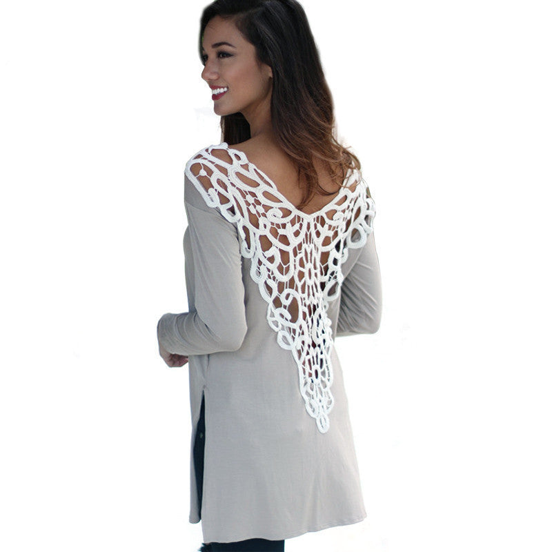 Online discount shop Australia - Long Sleeve Women Casual Gray Loose Tshirt Sexy Lace Crochet Back Tops  Tee Woman C