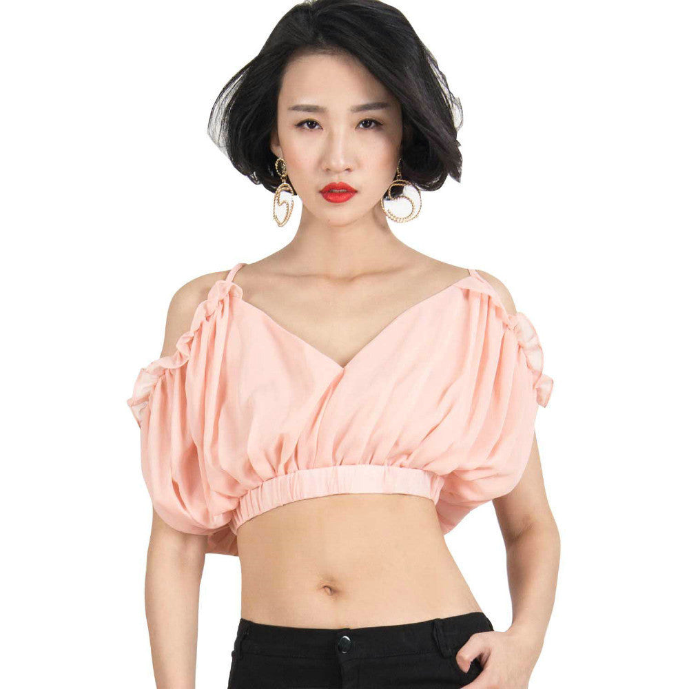 Pink Chiffon Spaghetti Strap Ruched Ruffled Cropped Camisole Cold Shoulder Cut out Backless Short Women Top