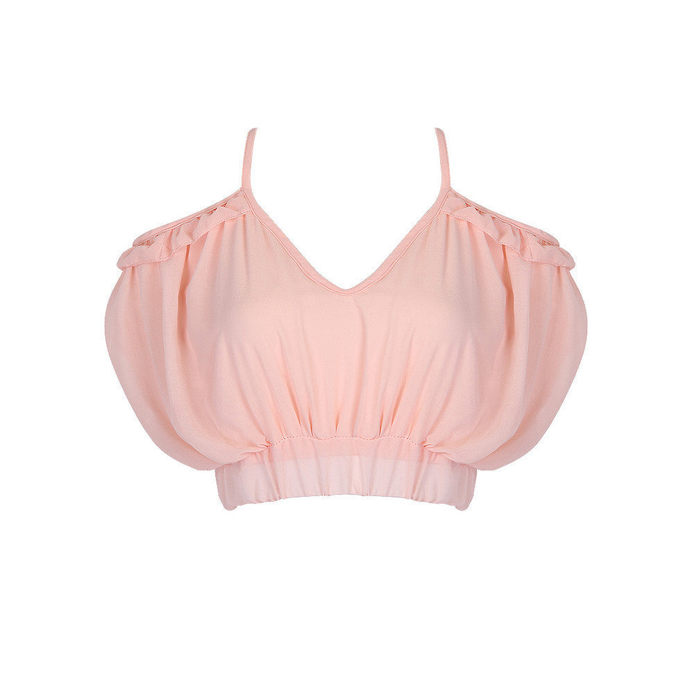 Pink Chiffon Spaghetti Strap Ruched Ruffled Cropped Camisole Cold Shoulder Cut out Backless Short Women Top