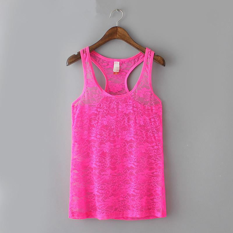 Womens SEXY See Through Lace Tank Tops Women Solid Pink Lace Vests Red Sleeveless Tops XS S M L