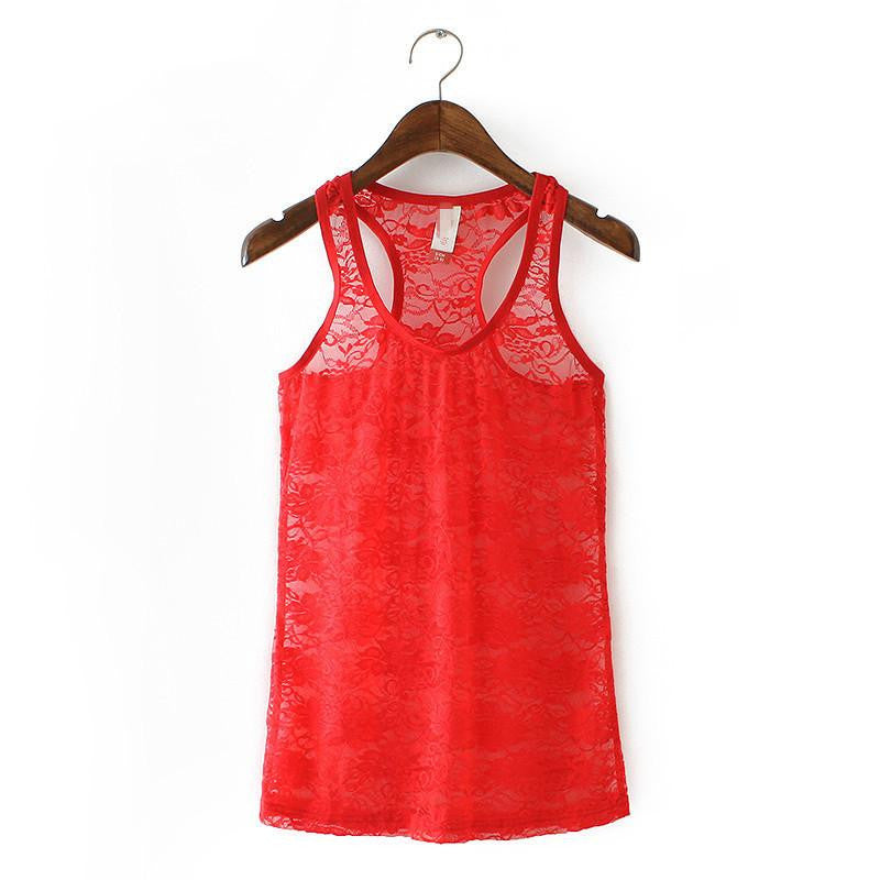 Womens SEXY See Through Lace Tank Tops Women Solid Pink Lace Vests Red Sleeveless Tops XS S M L