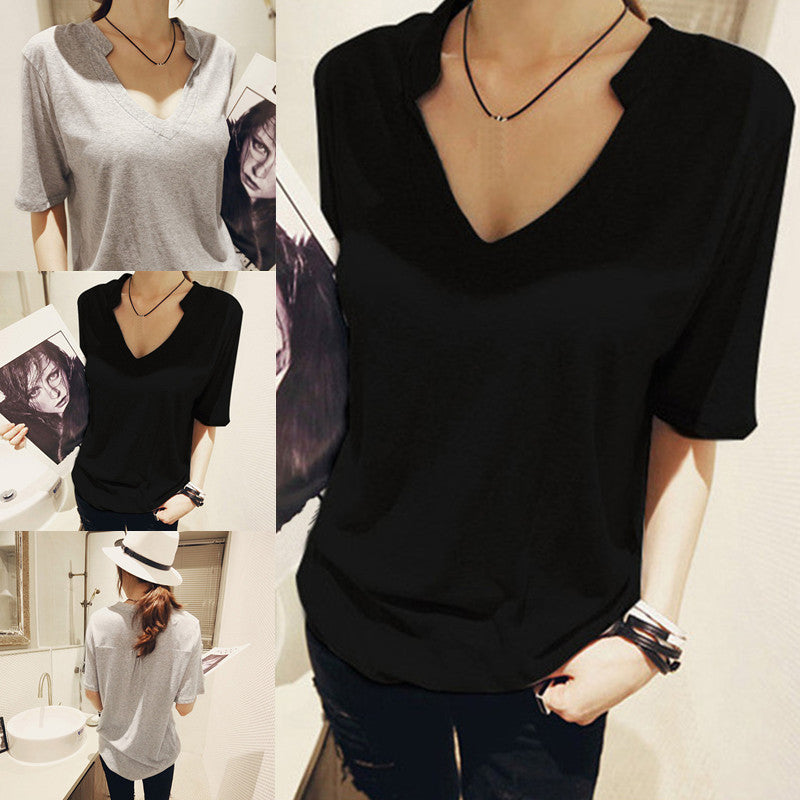 Online discount shop Australia - Fashion Women Plus Size  Loose Half Sleeve Shirt V-Neck Cotton Casual Tops T-Shirt S-XXL