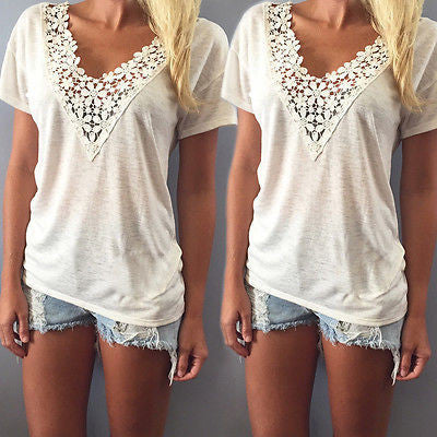 Fashion Women Vest Top Short Sleeve Casual Tops Lace