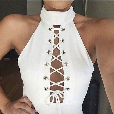 Online discount shop Australia - Fashion Women String Sexy O-Neck Drawstring Crop Tops Lace Up Sleeveless Blouse