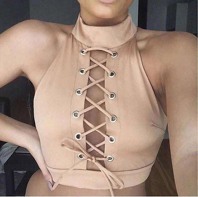 Online discount shop Australia - Fashion Women String Sexy O-Neck Drawstring Crop Tops Lace Up Sleeveless Blouse