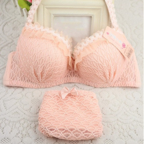 Online discount shop Australia - Lace Bra Womens Bra Set Adjustable Strap Ruffle Push-Up 3/4 Cup Lace Underwear Bra Set 32-36B