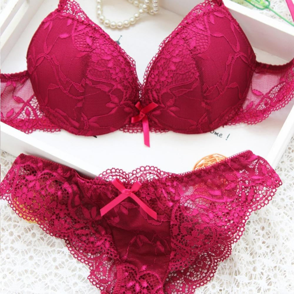 Woman Lace Floral Push-Up Panties Hollow Sweet Transparent Comfy Fit Bowtie Underwear Sleepwear Bra Set