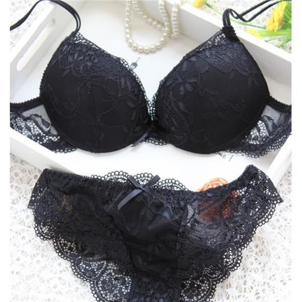 Woman Lace Floral Push-Up Panties Hollow Sweet Transparent Comfy Fit Bowtie Underwear Sleepwear Bra Set