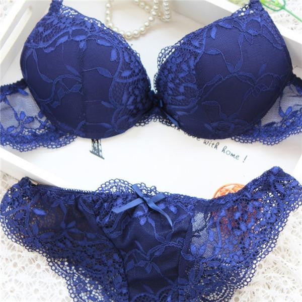 Woman Lace Floral Push-Up Panties Hollow Sweet Transparent Comfy Fit Bowtie Underwear Sleepwear Bra Set