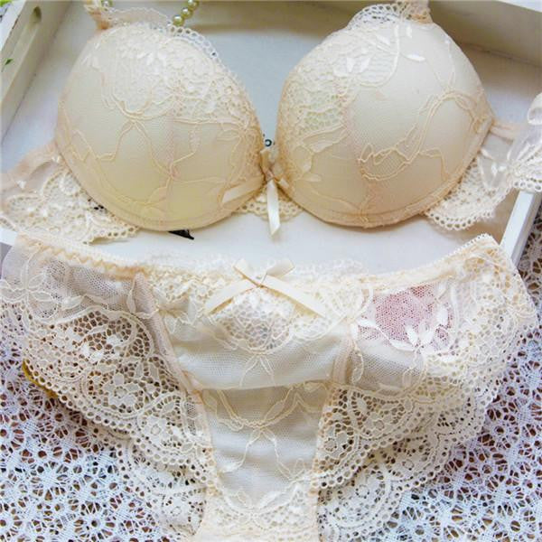 Woman Lace Floral Push-Up Panties Hollow Sweet Transparent Comfy Fit Bowtie Underwear Sleepwear Bra Set