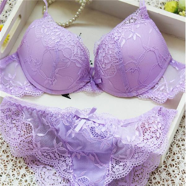 Woman Lace Floral Push-Up Panties Hollow Sweet Transparent Comfy Fit Bowtie Underwear Sleepwear Bra Set