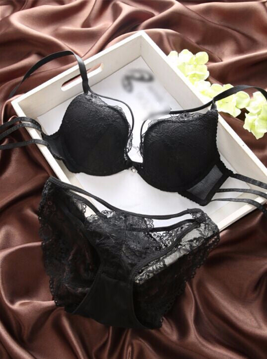 Online discount shop Australia - Fashion black gauze elegant exquisite sweet lace embroidery sexy bra women's underwear bra set