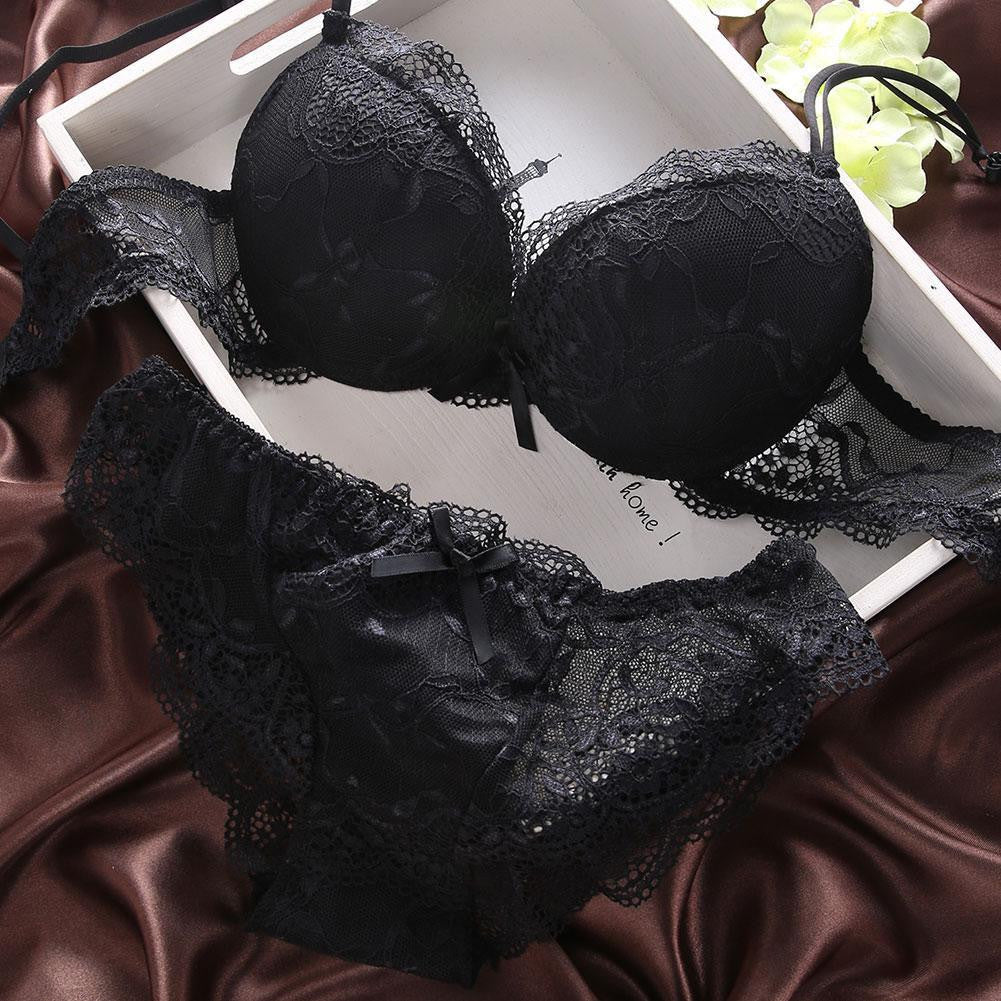 Women Lace Bra Set Solid Embroidery Underwear Briefs Underpants Bra Sets Black/Purple 70B/75B/80B