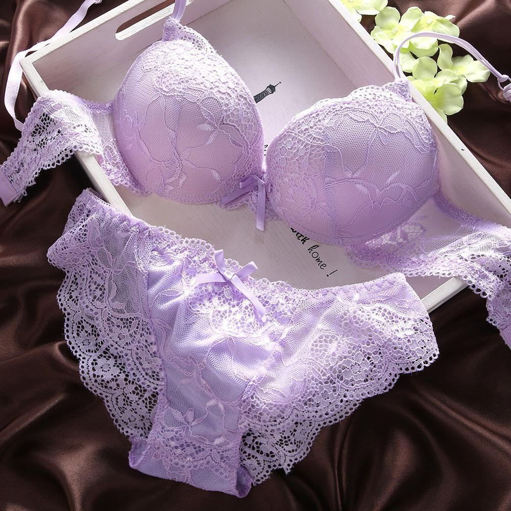 Women Lace Bra Set Solid Embroidery Underwear Briefs Underpants Bra Sets Black/Purple 70B/75B/80B