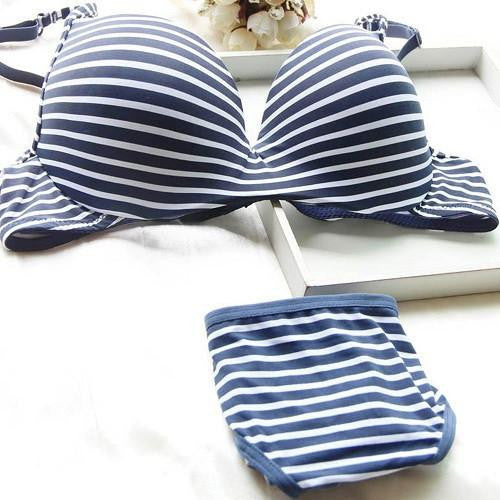 Women Girl Striped Push Up Underwear 2 pcs Set Underwire Bra lingerie 32-36B ZT1