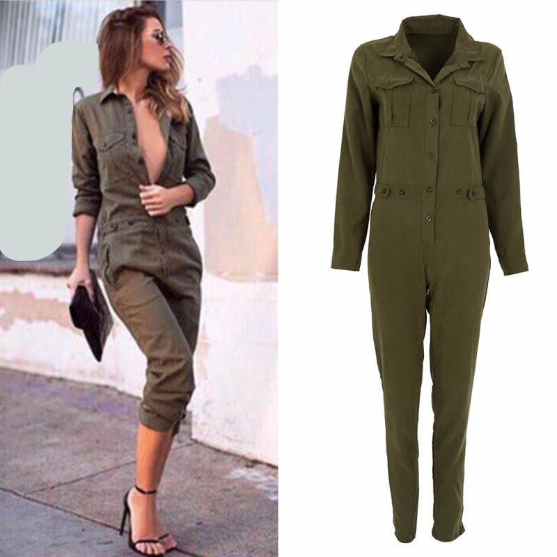 Women Jumpsuit Bodycon Party Lapel Long-sleeved Playsuit Trousers Stylish Army Green Rompers