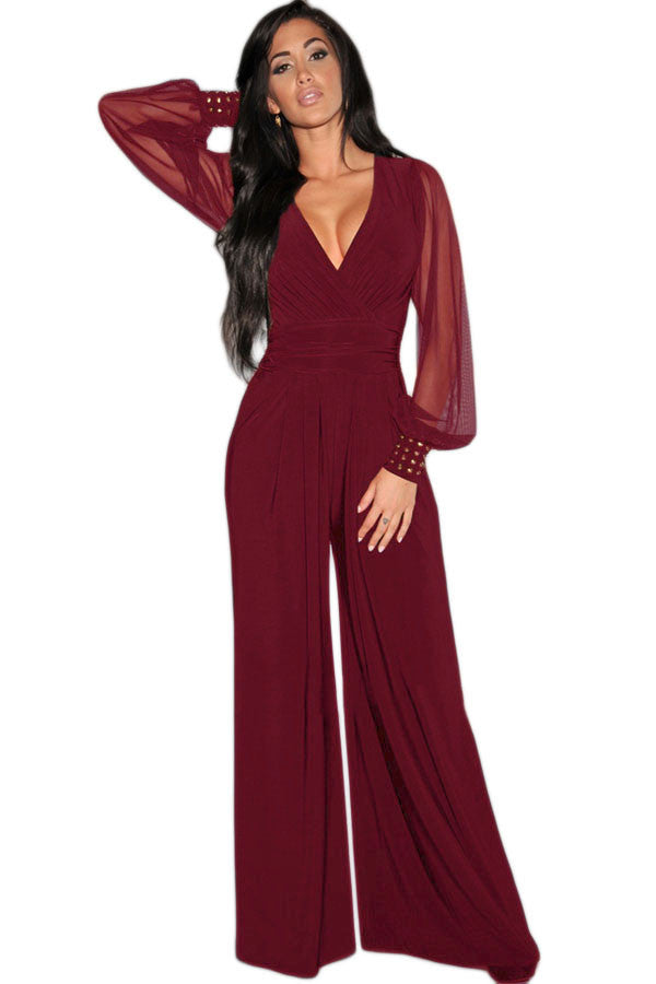 Party Black V-neck Embellished Cuffs Long Mesh Sleeves Loose Jumpsuit rompers womens jumpsuit