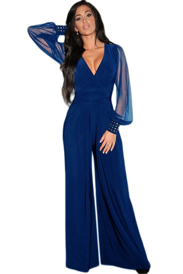 Party Black V-neck Embellished Cuffs Long Mesh Sleeves Loose Jumpsuit rompers womens jumpsuit