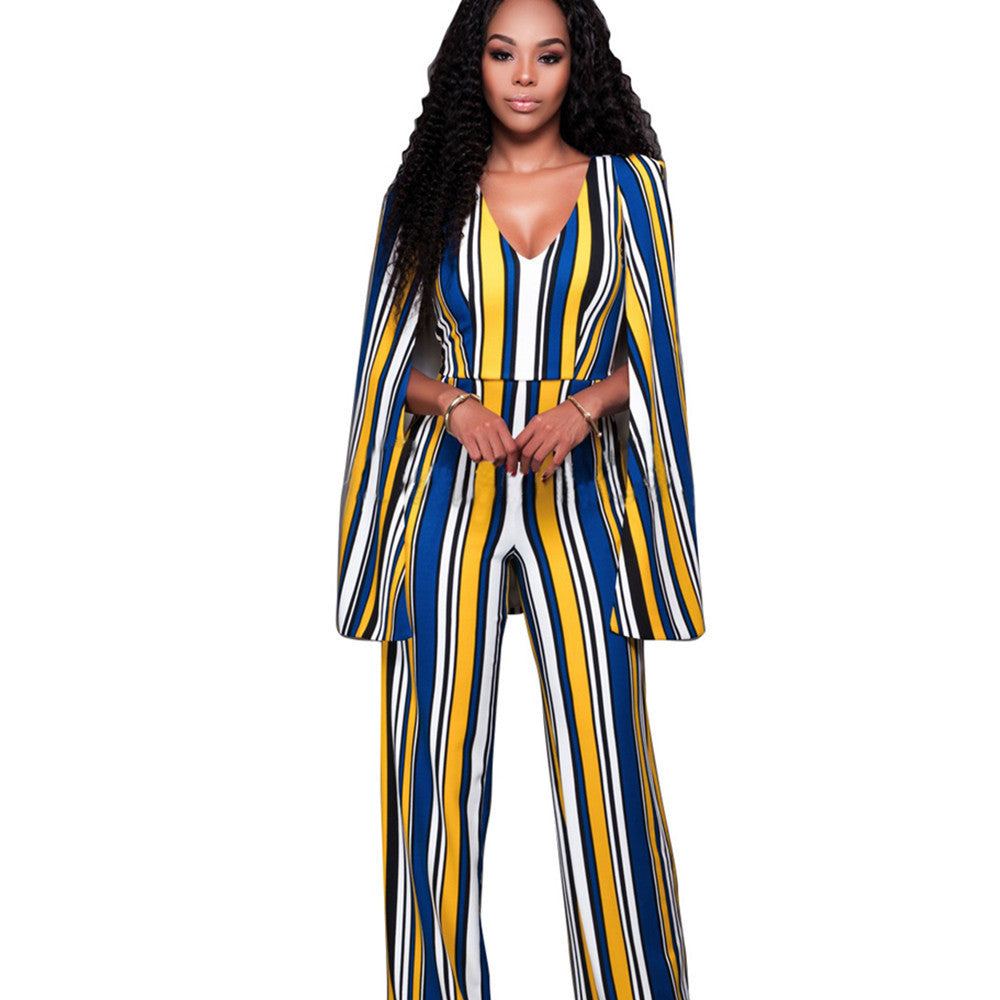 Online discount shop Australia - FASHION V-Neck Sleeveless Cape Rompers Womens Jumpsuit High Waist Backless Sexy Long Bodysuit Women Striped Overalls