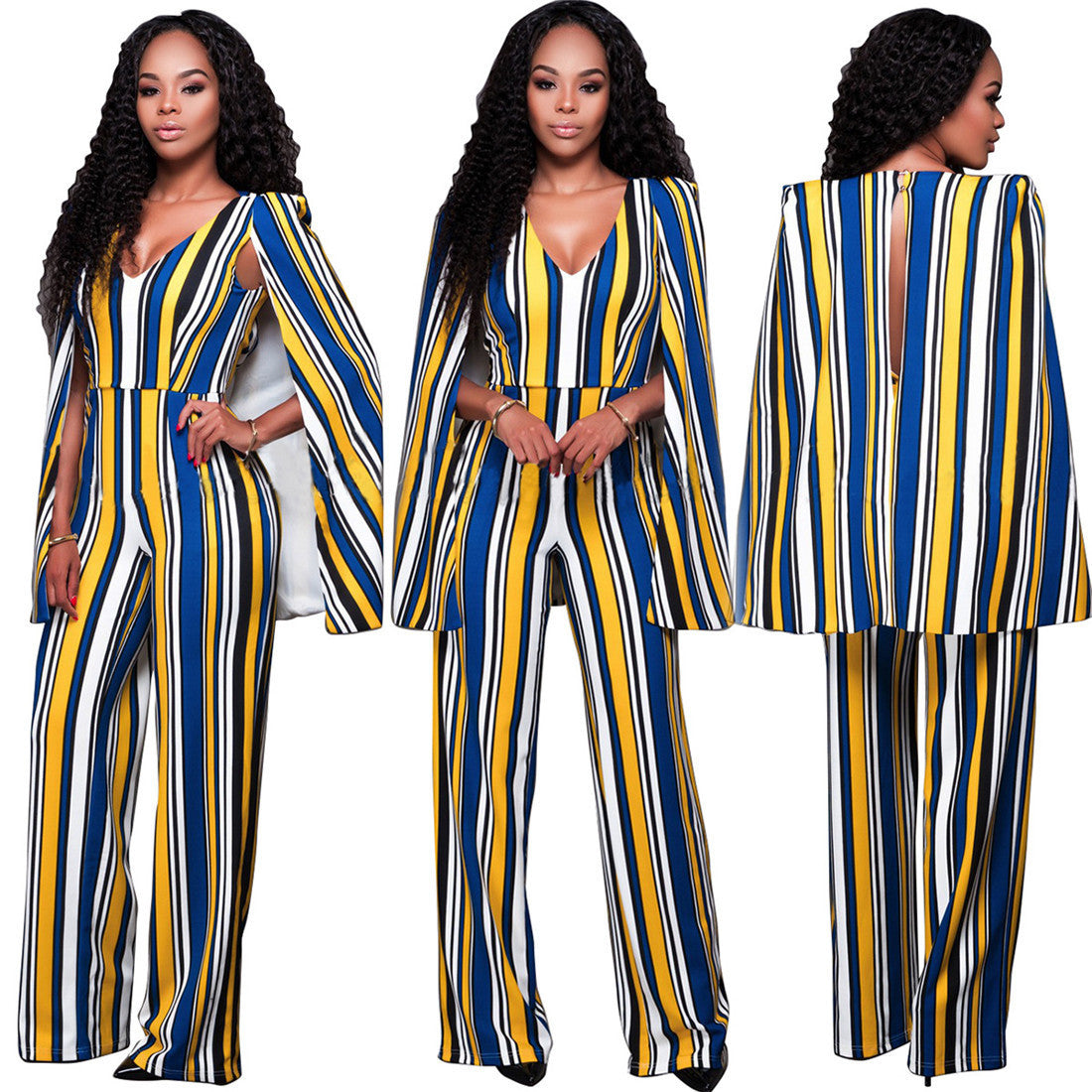 Online discount shop Australia - FASHION V-Neck Sleeveless Cape Rompers Womens Jumpsuit High Waist Backless Sexy Long Bodysuit Women Striped Overalls