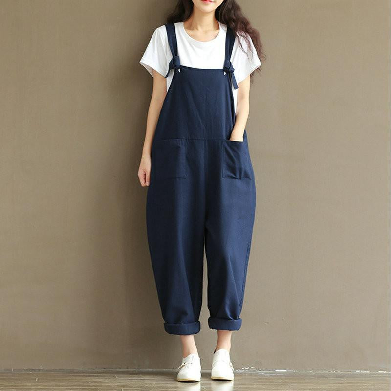 Womens Cotton Linen Overalls Navy Blue Solid Jumpsuits Street Casual Pocket Sleeveless Pant