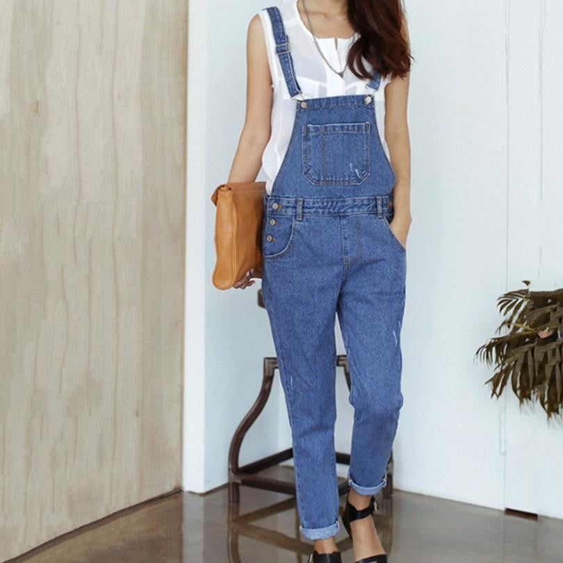 Scratched Big Pocket Rompers Vintage Style All Match Strap Jean Overall Retro Color Loose Waist Denim Jumpsuits
