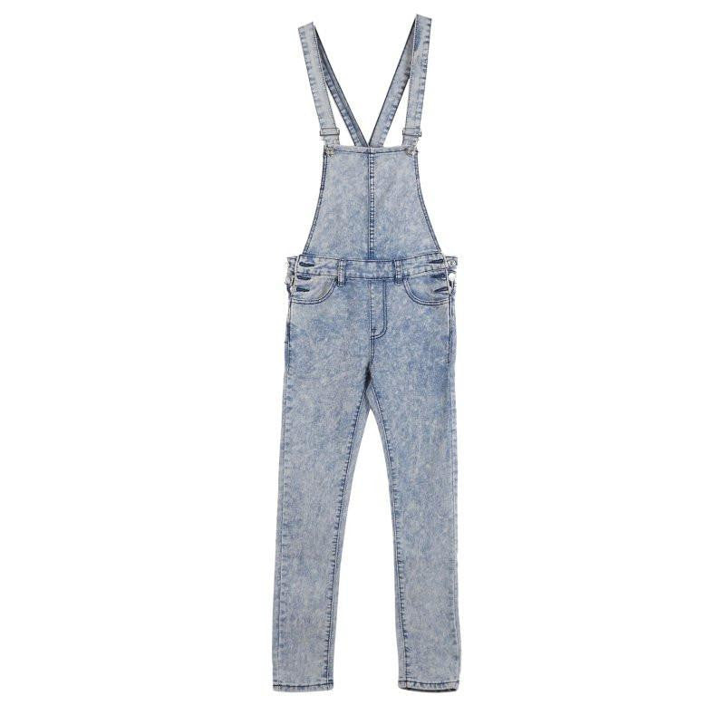 Women Girls Washed Jeans Casual Hole Mid Full Length Jeans Drawstring Overalls