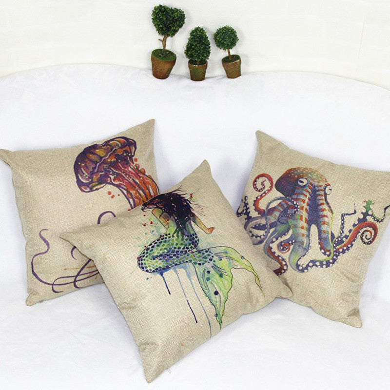 Online discount shop Australia - Marine Style Cushion Cover Mermaid Pattern Octopus Jellyfish 18x18 inches Cotton Linen Pillowcase Waist Throw Pillow Cover
