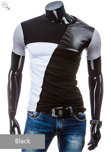 Online discount shop Australia - Mens T Shirts PU Leather Sleeve O-Neck Fashion Slim Fit Casual Patchwork Short Sleeve T Shirt T103