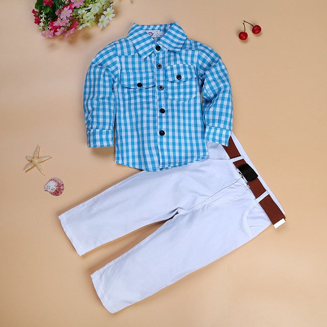 Online discount shop Australia - Fashion boys clothes set kids loose-fitting cotton plaid shirt+ pants+ belt 3 pcs minion kids clothing set retail