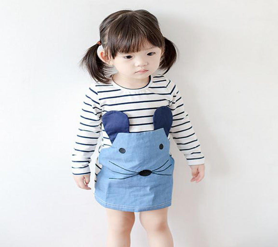Online discount shop Australia - Casual style long sleeve Striped lovely little mouse design girls dress children clothing