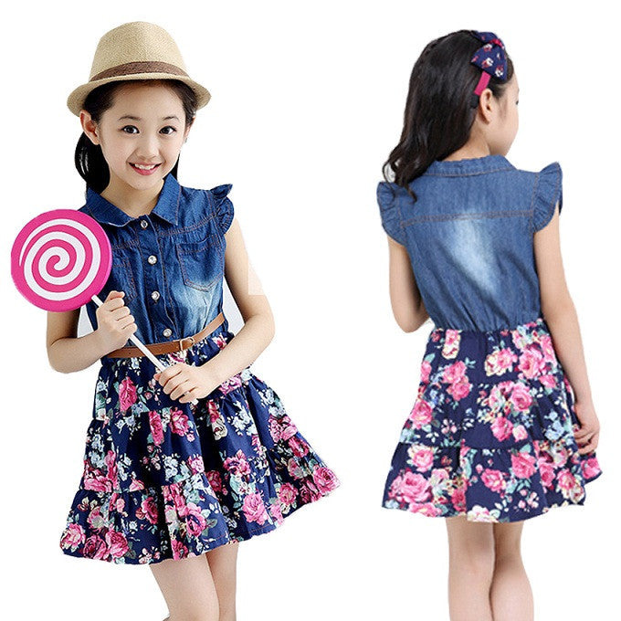 Online discount shop Australia - Dresses For Girls Cotton Children Clothing Denim Baby Clothes Floral Short Sleeve Kids Clothes For Girls Princess Dress