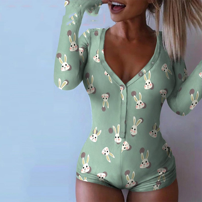 Rabbit V-neck Cute Long Sleeve Bodycon Bodysuit for Women Spandex Jumpsuits Ladies Lovely Romper Clothes