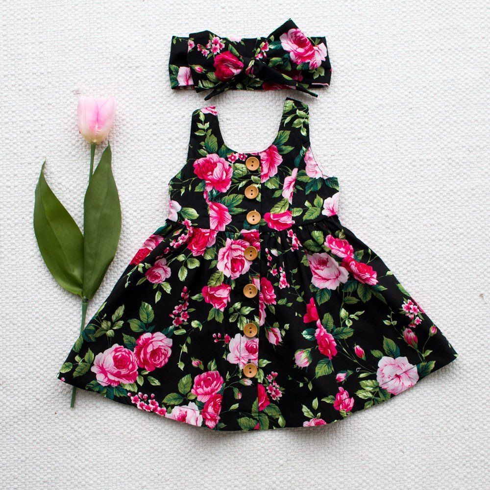 Princess Dress Girls Dress Floral Sleeveless Button Dresses Outfits Baby Girl Clothes