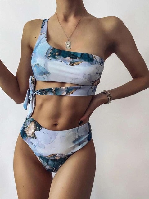 Print Sport Bandeau Push up Bikinis Sexy Marble Women Swimsuit High Waist Swimwear Women bathing suit Beach wear