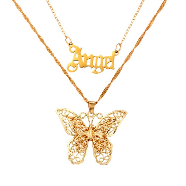 Bohemian Multilayer Necklaces For Women Men Gold Butterfly Portrait Coin Cross Crystal Chokers Necklace Trendy New Jewelry Gifts