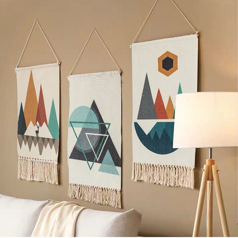 Home Boho Decor Macrame  Cotton Tassel Handmade Woven Wall Hanging Tapestry geometric canvas wall Art background cloth tapestry