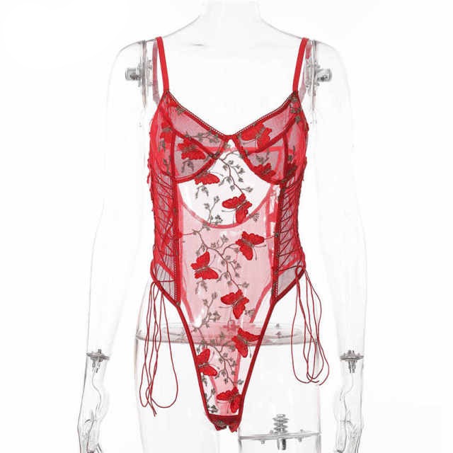 Butterfly Lace Bodysuit Women Lace Up Transparent Skinny Jumpsuit Teddies Body