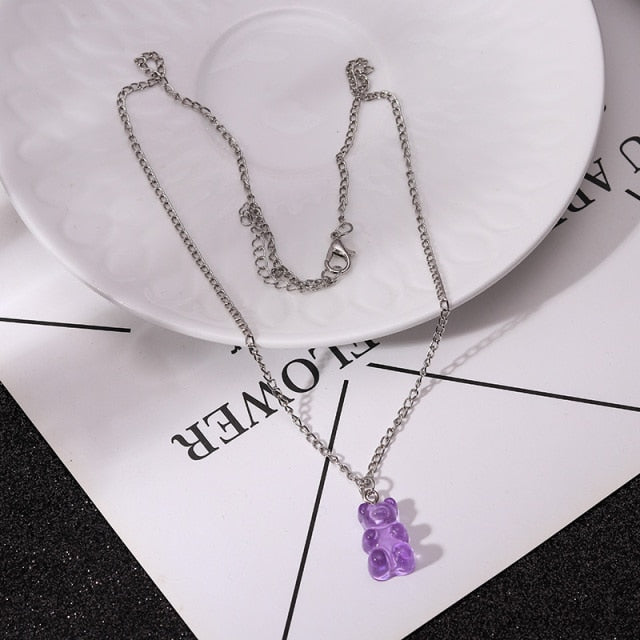 Candy Color Stars Hearts Gummy Mini Bear Chain Necklaces for Women Cute Crtoon Animal Pendants Jewelry