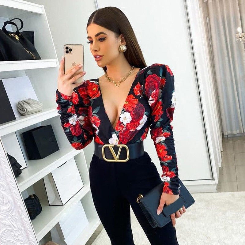 Boho Print Bodysuits Rompers Women Jumpsuits Puff Sleeve Skinny Sexy V-neck Bodies Ladies Casual Overalls