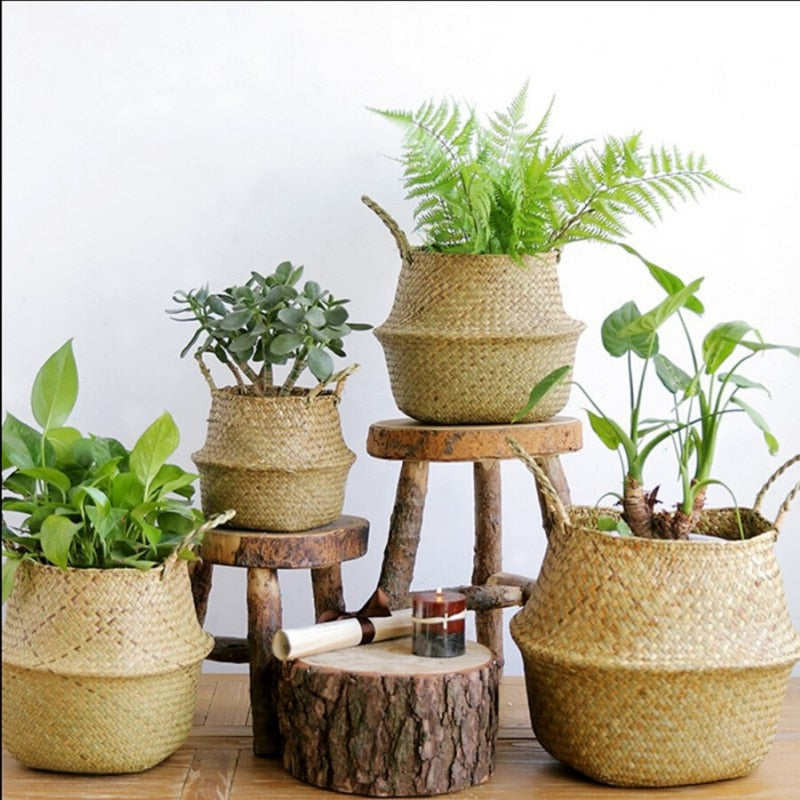 Handmade Storage Basket Seagrass Wickerwork Flower Pot Plant Basket Home Garden Decoration Foldable Laundry Organizer