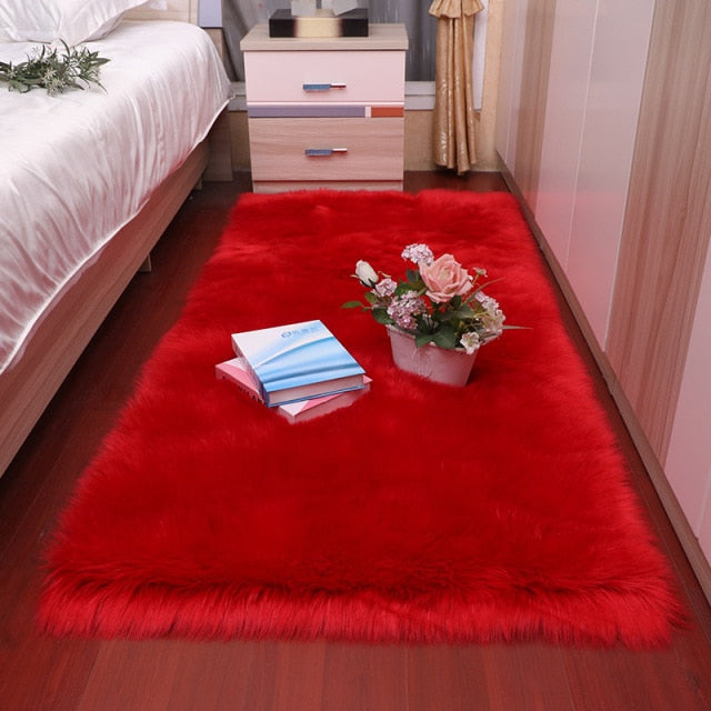 Plush Soft Sheepskin Bedroom Carpet Imitation Wool Pad Long Hair Bedside Mat Sofa Cushion White Rugs Red Living Room Fur Carpet