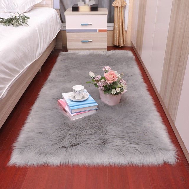 Plush Soft Sheepskin Bedroom Carpet Imitation Wool Pad Long Hair Bedside Mat Sofa Cushion White Rugs Red Living Room Fur Carpet