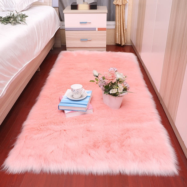 Plush Soft Sheepskin Bedroom Carpet Imitation Wool Pad Long Hair Bedside Mat Sofa Cushion White Rugs Red Living Room Fur Carpet