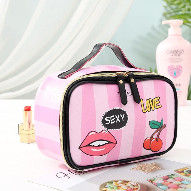 Leather Portable Women Cosmetic Bag Multifunction Travel Toiletry Storage Organize Handbag Waterproof Female Makeup Case