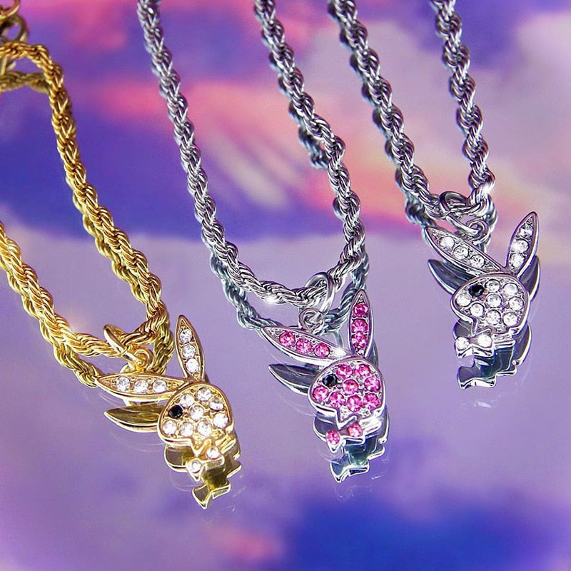 Rabbit Necklace Full Rhinestone Rabbit Pendant Necklaces Twist Chain For Women Men Fashion Jewelry
