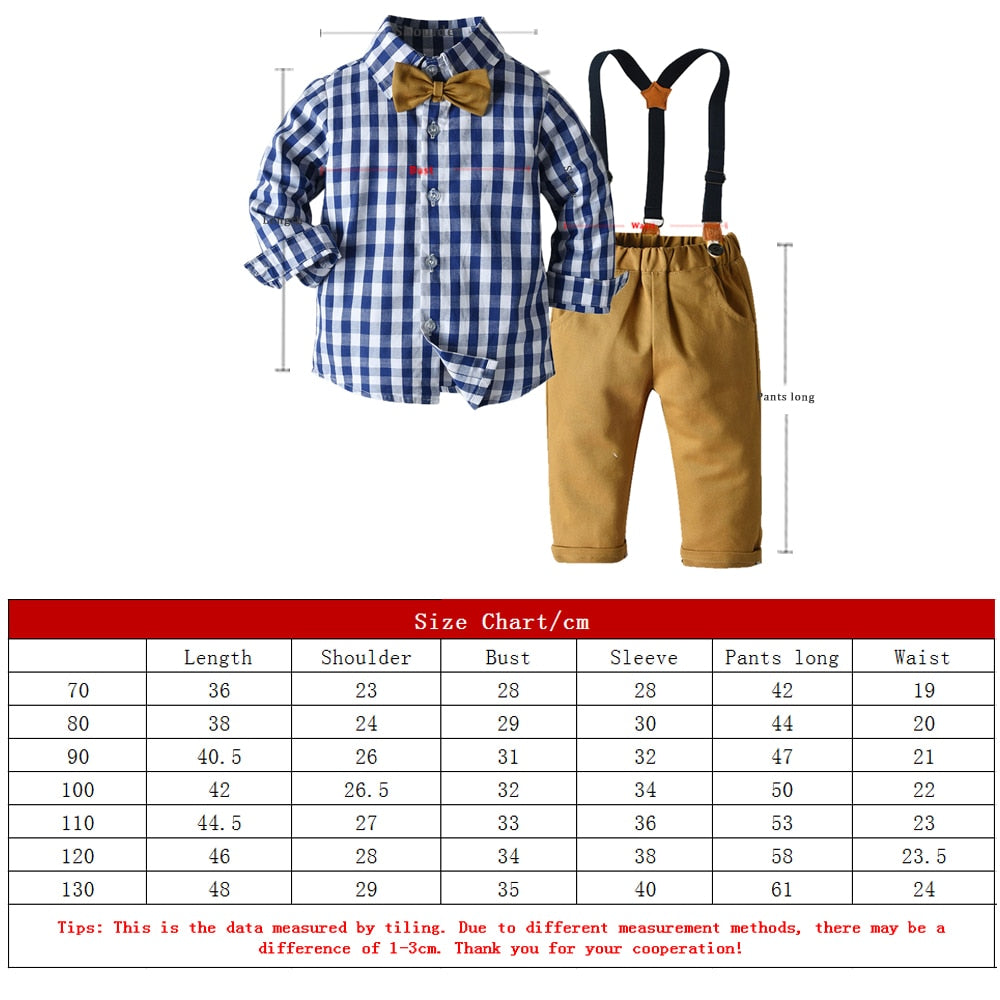 Kids Boys Long Sleeve Plaid Bowtie Tops Suspender Pants Casual Clothes Outfit