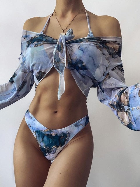 Print Sport Bandeau Push up Bikinis Sexy Marble Women Swimsuit High Waist Swimwear Women bathing suit Beach wear