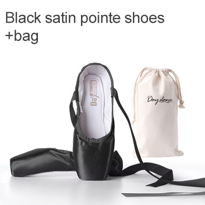 Black Satin Ballet Pointe Shoes Ladies Professional Ballet Shoes Girls Women Ballerina Shoes With Ribbons